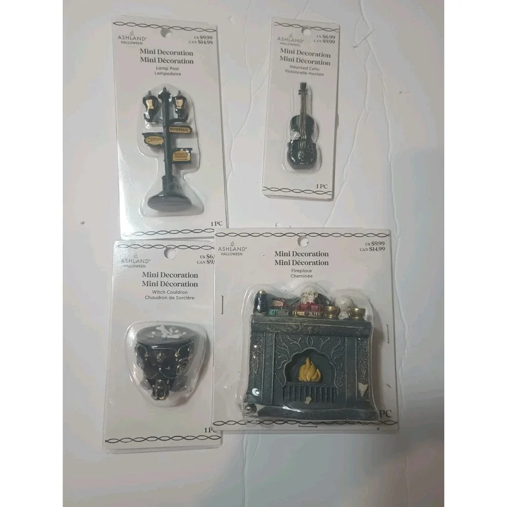 Ashland Halloween Mini Decoration Lot 4 Fireplace Cauldron Cello Street Lamp NEW